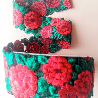 Thumbnail for Black Fabric Trim With Red And Green Floral Embroidery, 50mm wide - 200317L332