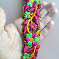 Thumbnail for Black Sheer Fabric Trim With Orange, Pink And Green Floral Embroidery, 36mm wide - 200317L438