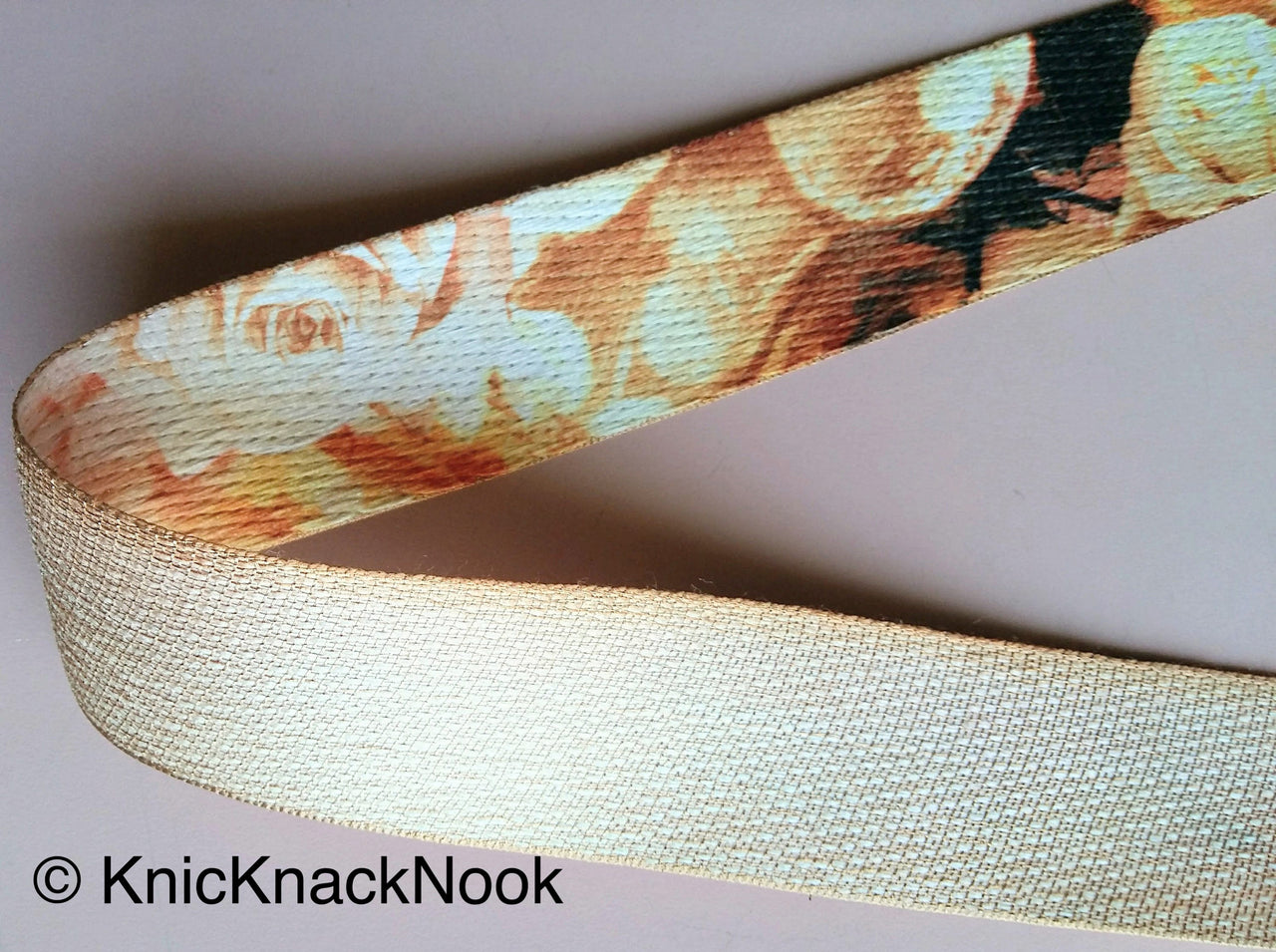 Wholesale Gold and Brown Print Floral Rose Fabric Trim, Printed Trim, Approx. 40mm - 200317L21