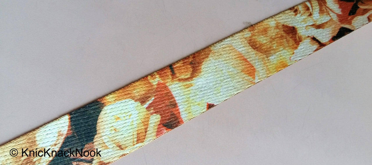 Wholesale Gold and Brown Print Floral Rose Fabric Trim, Printed Trim, Approx. 40mm - 200317L21