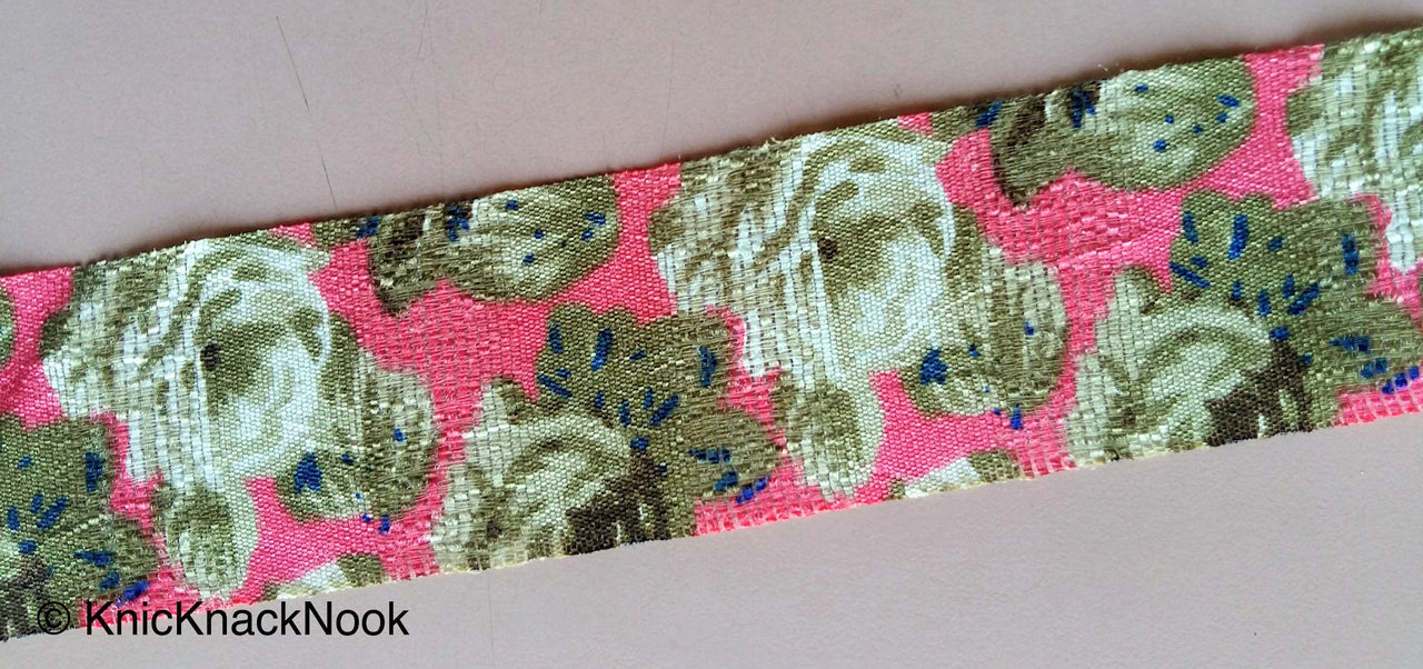 Wholesale Coral Pink And Green Bhagalpuri Silk Fabric Trim Floral Designs, Approx. 40mm - 200317L28