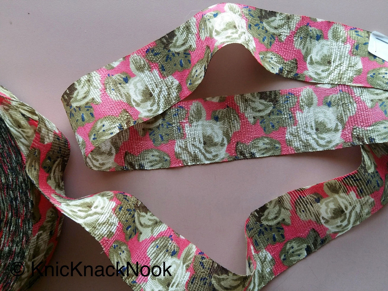 Coral Pink And Green Bhagalpuri Silk Fabric Trim Floral Designs, Approx. 40mm - 200317L28