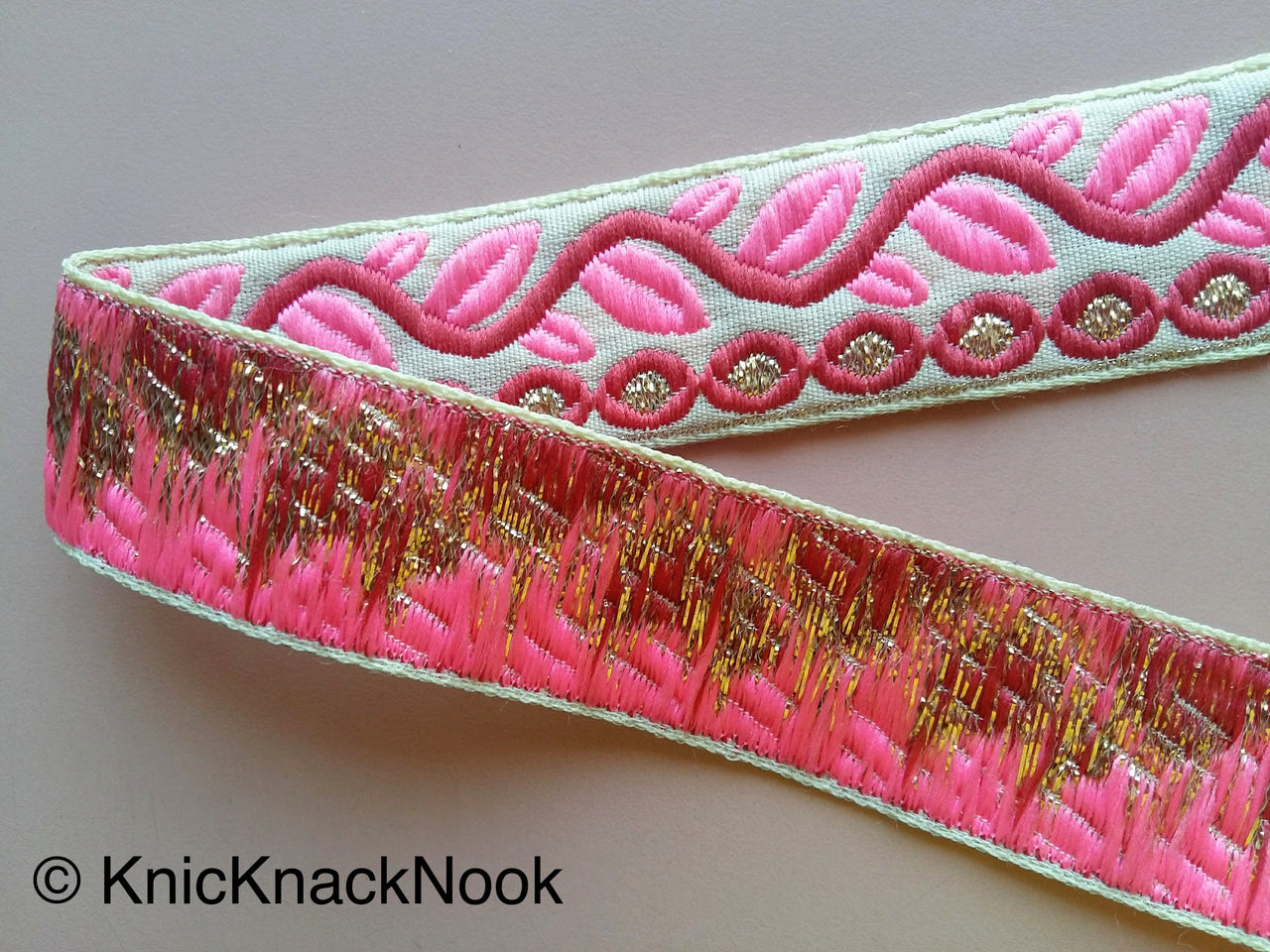 Wholesale Beige Trim With Pink And Gold Leaves On Vine Weave Jacquard Trim, Approx. 30mm Wide Trim by 9 Yards, Indian Border Craft Ribbon