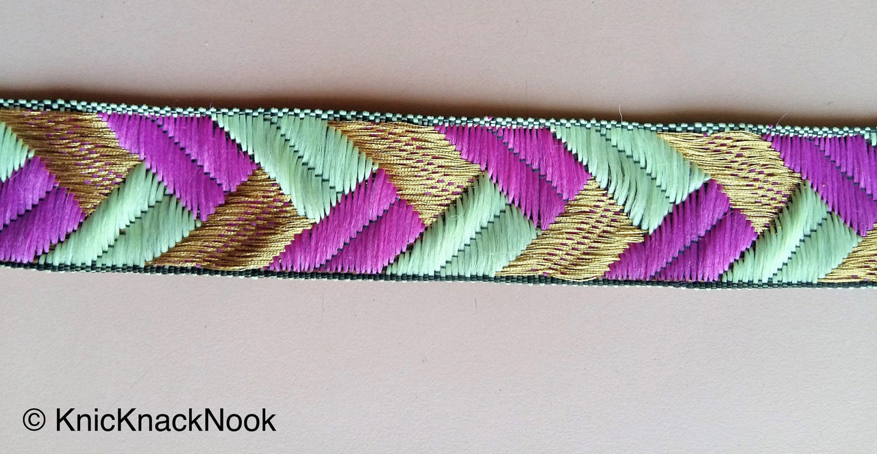 Wholesale Purple / Fuchsia Pink, Green And Gold Embroidered Trim, Geometric Pattern