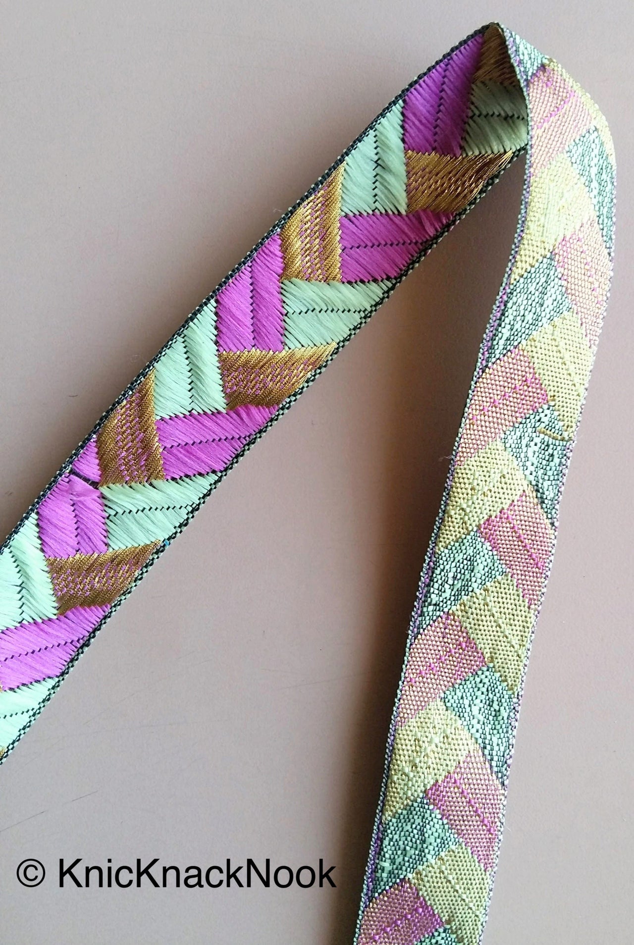 Wholesale Purple / Fuchsia Pink, Green And Gold Embroidered Trim, Geometric Pattern