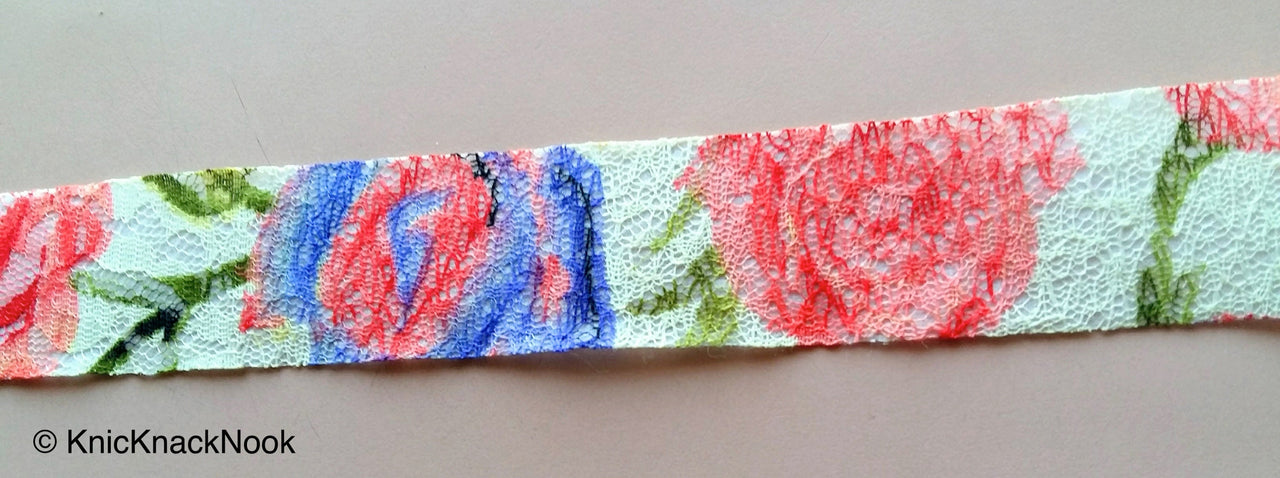 Beige, Red, Green And Blue Floral Net Lace Trim Ribbon 30mm wide - 200317L24