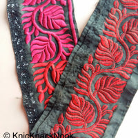 Thumbnail for Black Fabric With Red And Magenta Pink Leaves Embroidery And Black Sequins Trim, Approx. 14cm wide - 200317L472