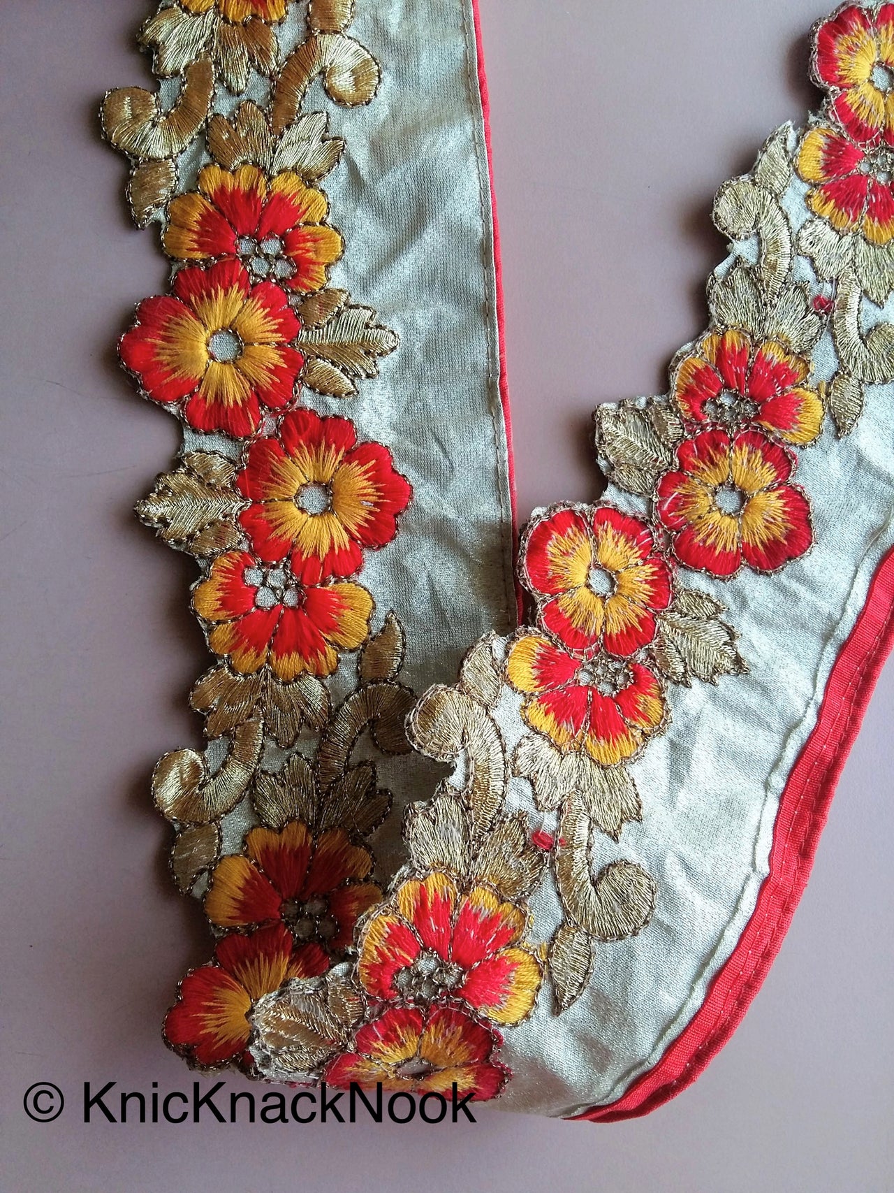 Gold, Yellow And Red Indian Embroidery One Yard Flower Silk Trim