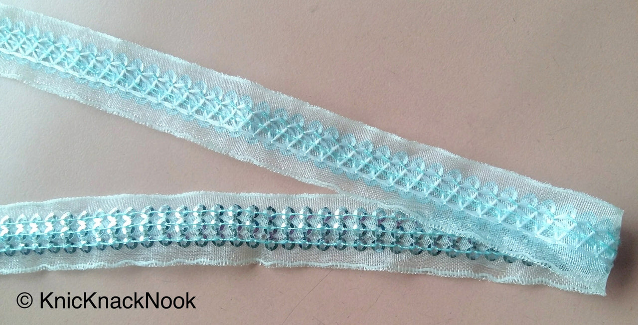 Blue / Brown / Pink Sheer Fabric Lace Trim With Sequins, Approx. 15 mm wide - 200317L338/39/40