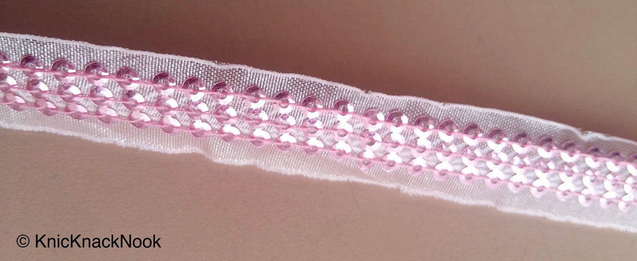 Blue / Brown / Pink Sheer Fabric Lace Trim With Sequins, Approx. 15 mm wide - 200317L338/39/40