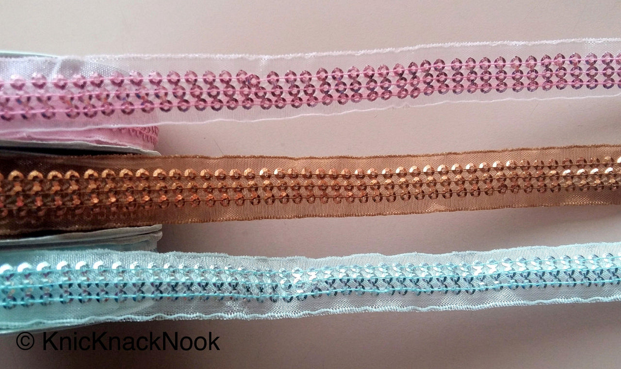 Blue / Brown / Pink Sheer Fabric Lace Trim With Sequins, Approx. 15 mm wide - 200317L338/39/40