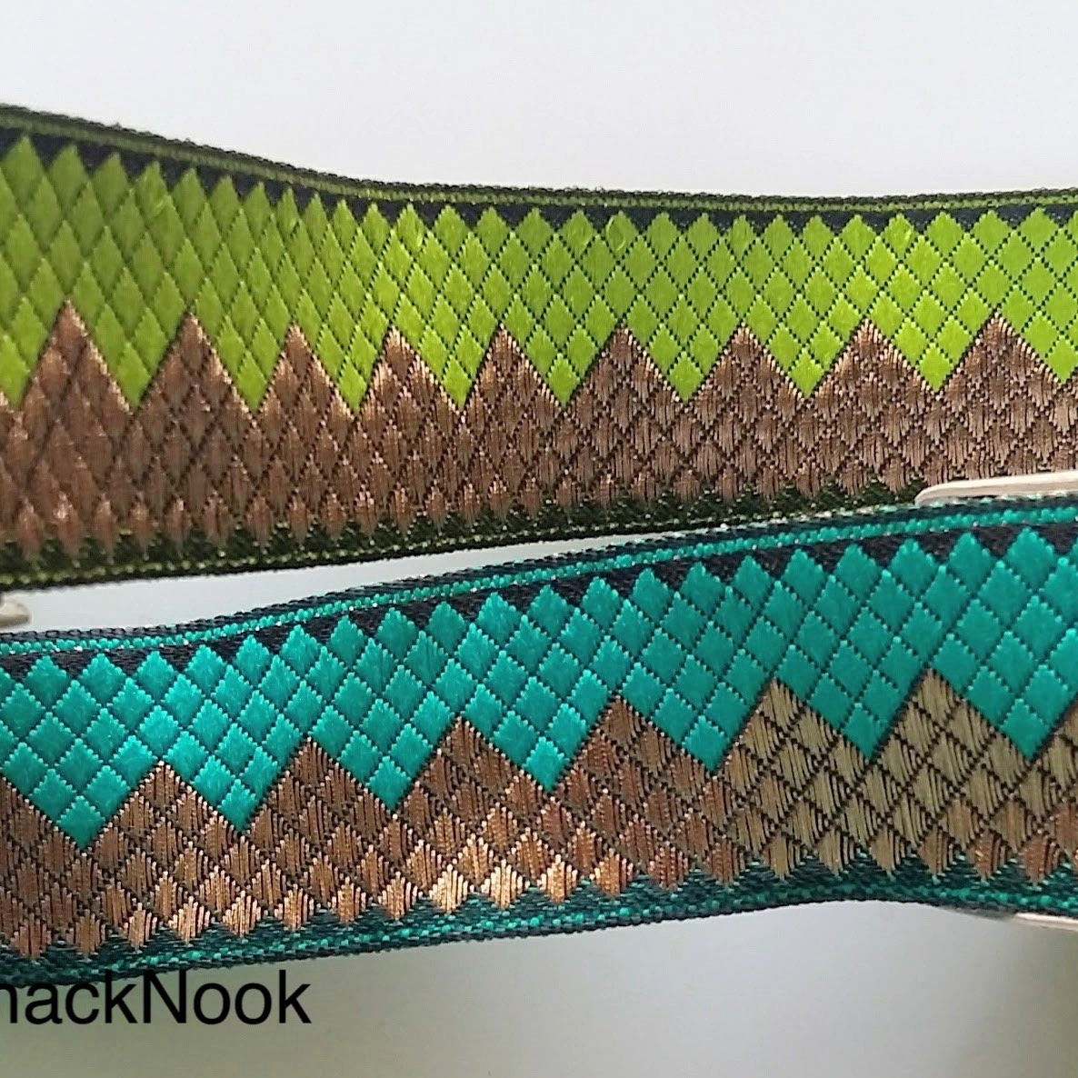 Green And Gold Embroidered Trim, Geometric Pattern, Approx. 32mm wide - 200317L358/59