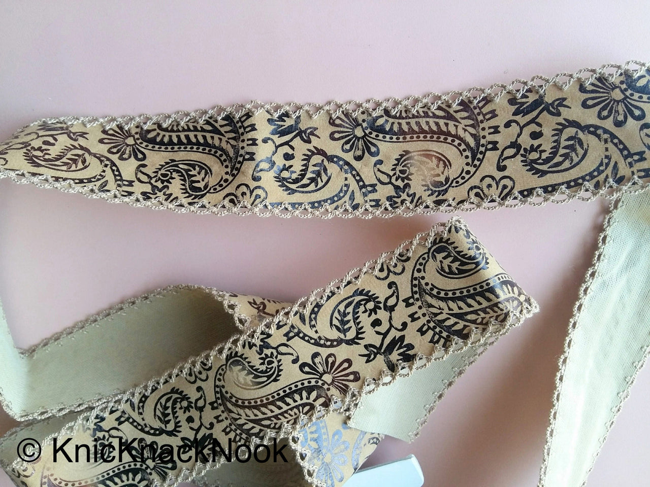 Brown Soft Fabric Trim With Paisley Design Prints, Approx. 44mm Wide - 200317L140