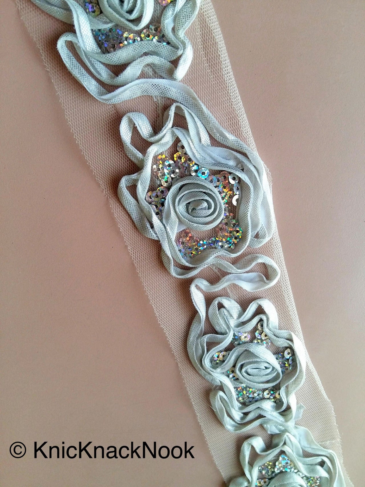 Wholesale Silver Rose Lace Trim With Silver Sequins, Approx. 65mm Wide Crating Decorative Costume Design Trim by 8 Yards