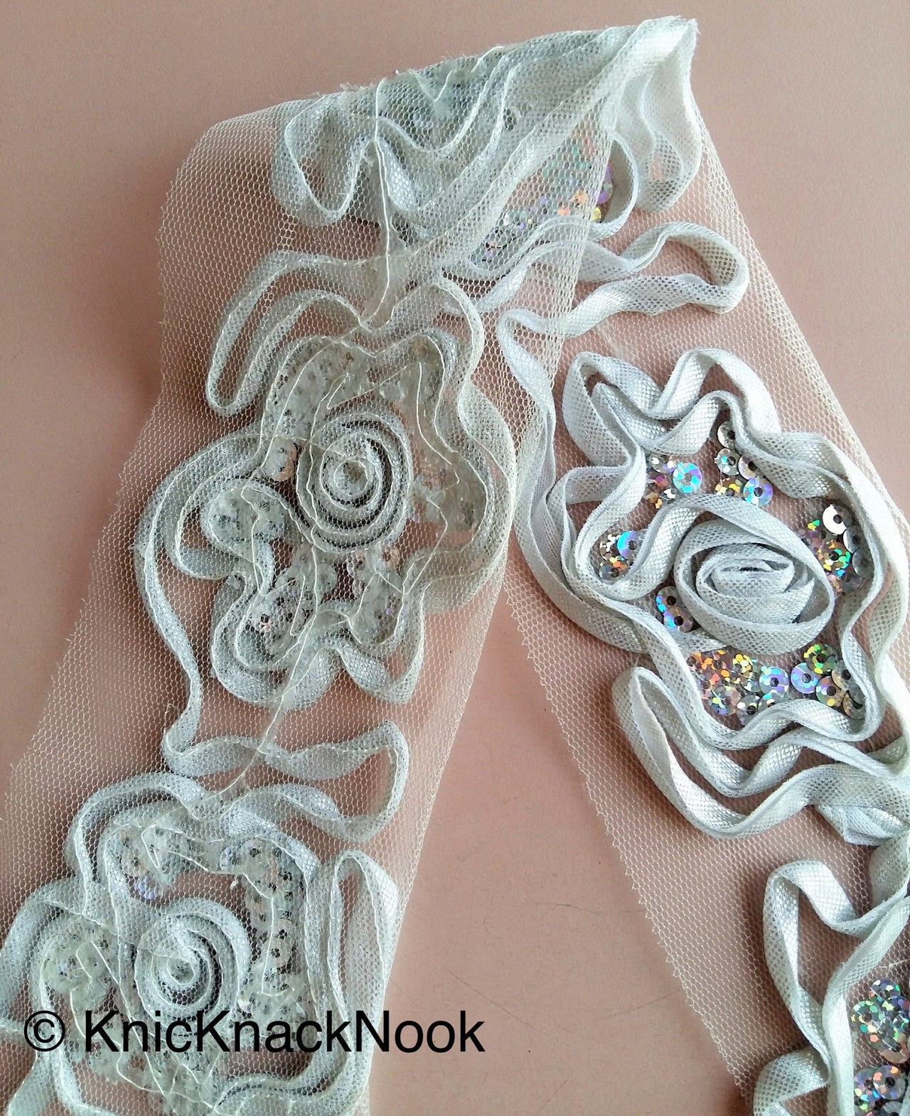 Wholesale Silver Rose Lace Trim With Silver Sequins, Approx. 65mm Wide Crating Decorative Costume Design Trim by 8 Yards