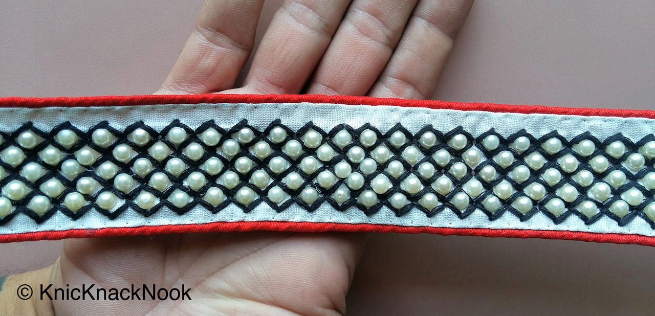 Red / Pink And White Fabric Trim With Blue / Black/ Yellow Embroidery With Off White Pearls, Approx. 40mm Wide - 200317L166 / 67 / 68