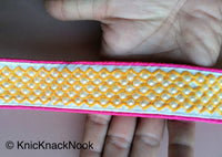 Thumbnail for Red / Pink And White Fabric Trim With Blue / Black/ Yellow Embroidery With Off White Pearls, Approx. 40mm Wide - 200317L166 / 67 / 68