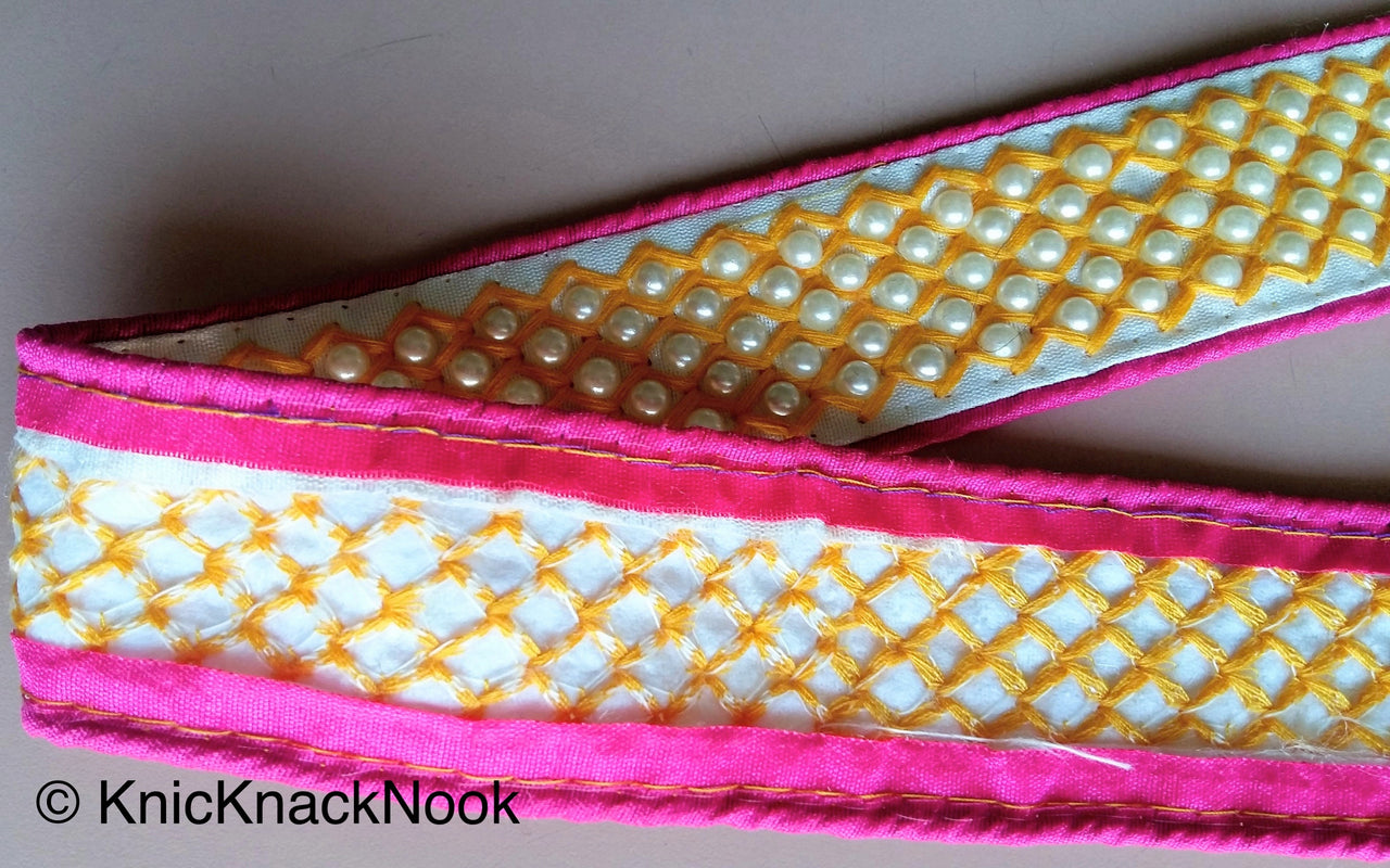 Red / Pink And White Fabric Trim With Blue / Black/ Yellow Embroidery With Off White Pearls, Approx. 40mm Wide - 200317L166 / 67 / 68