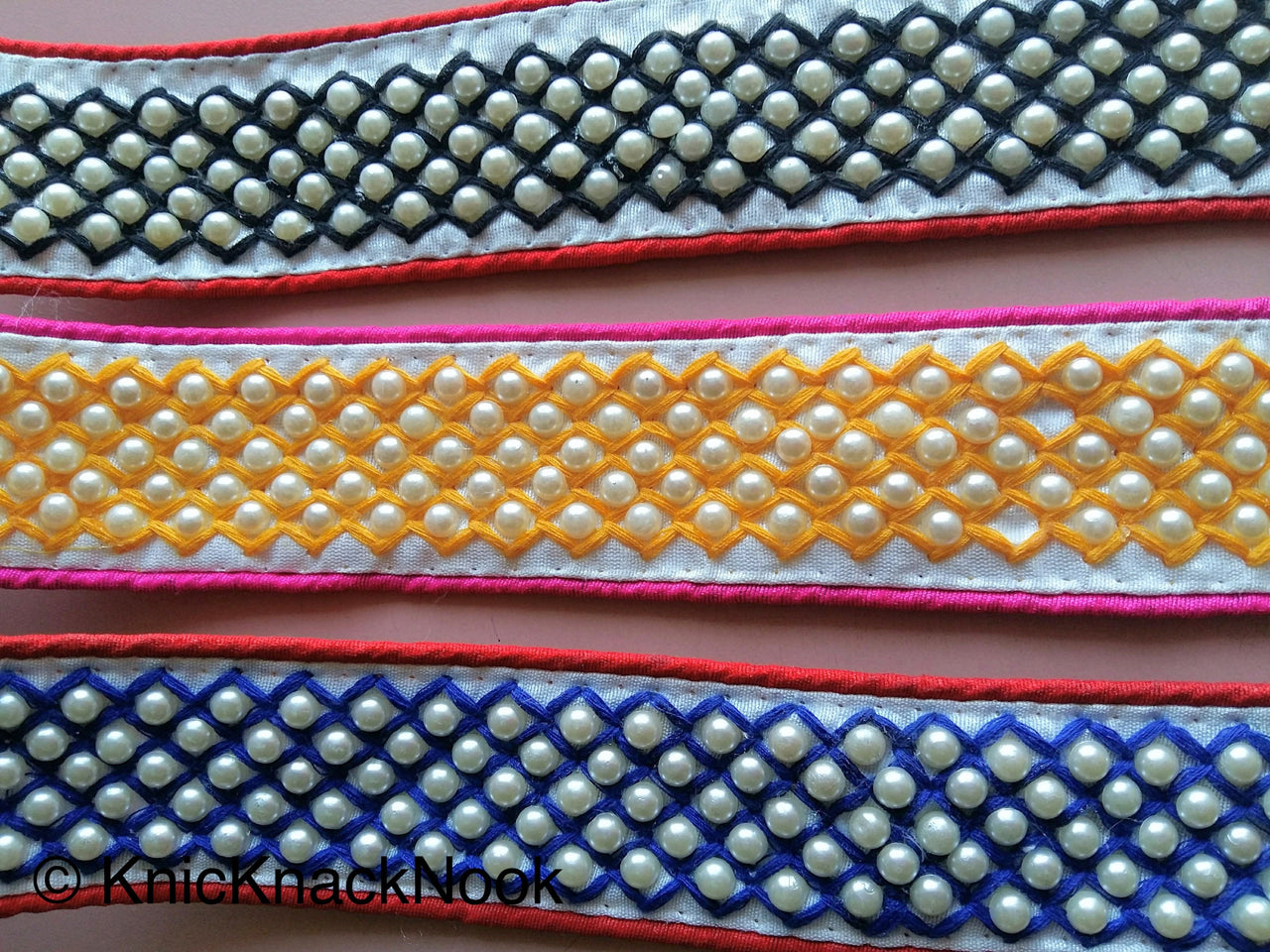 Red / Pink And White Fabric Trim With Blue / Black/ Yellow Embroidery With Off White Pearls, Approx. 40mm Wide - 200317L166 / 67 / 68