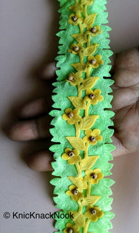 Thumbnail for Green / Orange And Yellow Floral Velvet Trim Ribbon With Wood Beads, Approx. 45mm Wide - 200317L136 / 37