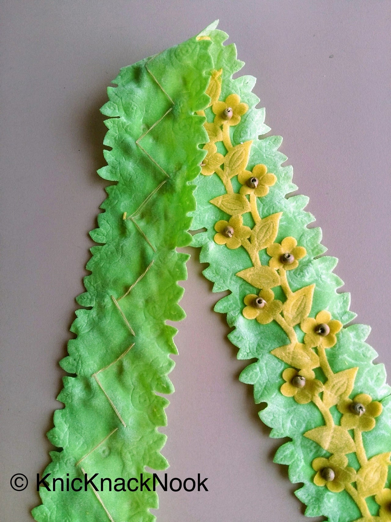 Wholesale Green And Yellow Floral Fabric Trim Ribbon With Wood Beads, Approx. 45mm Wide Decorative Craft Trimming Trim By 9 Yards