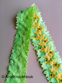 Thumbnail for Wholesale Green And Yellow Floral Fabric Trim Ribbon With Wood Beads, Approx. 45mm Wide Decorative Craft Trimming Trim By 9 Yards