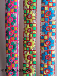 Thumbnail for Wholesale Gold Mirrored Fabric Trim With Yellow, Green And Red Floral And Square Embroidery, Approx. 32mm Wide