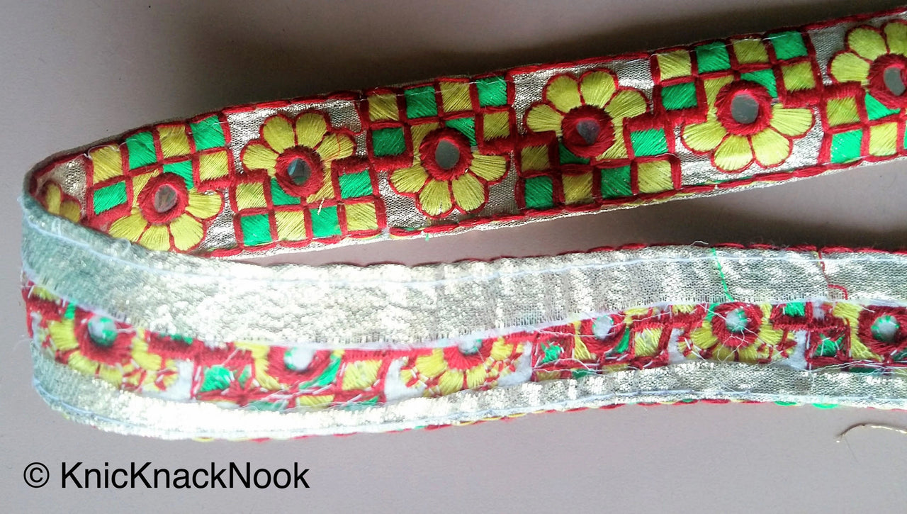 Wholesale Gold Mirrored Fabric Trim With Yellow, Green And Red Floral And Square Embroidery, Approx. 32mm Wide