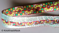 Thumbnail for Wholesale Gold Mirrored Fabric Trim With Yellow, Green And Red Floral And Square Embroidery, Approx. 32mm Wide