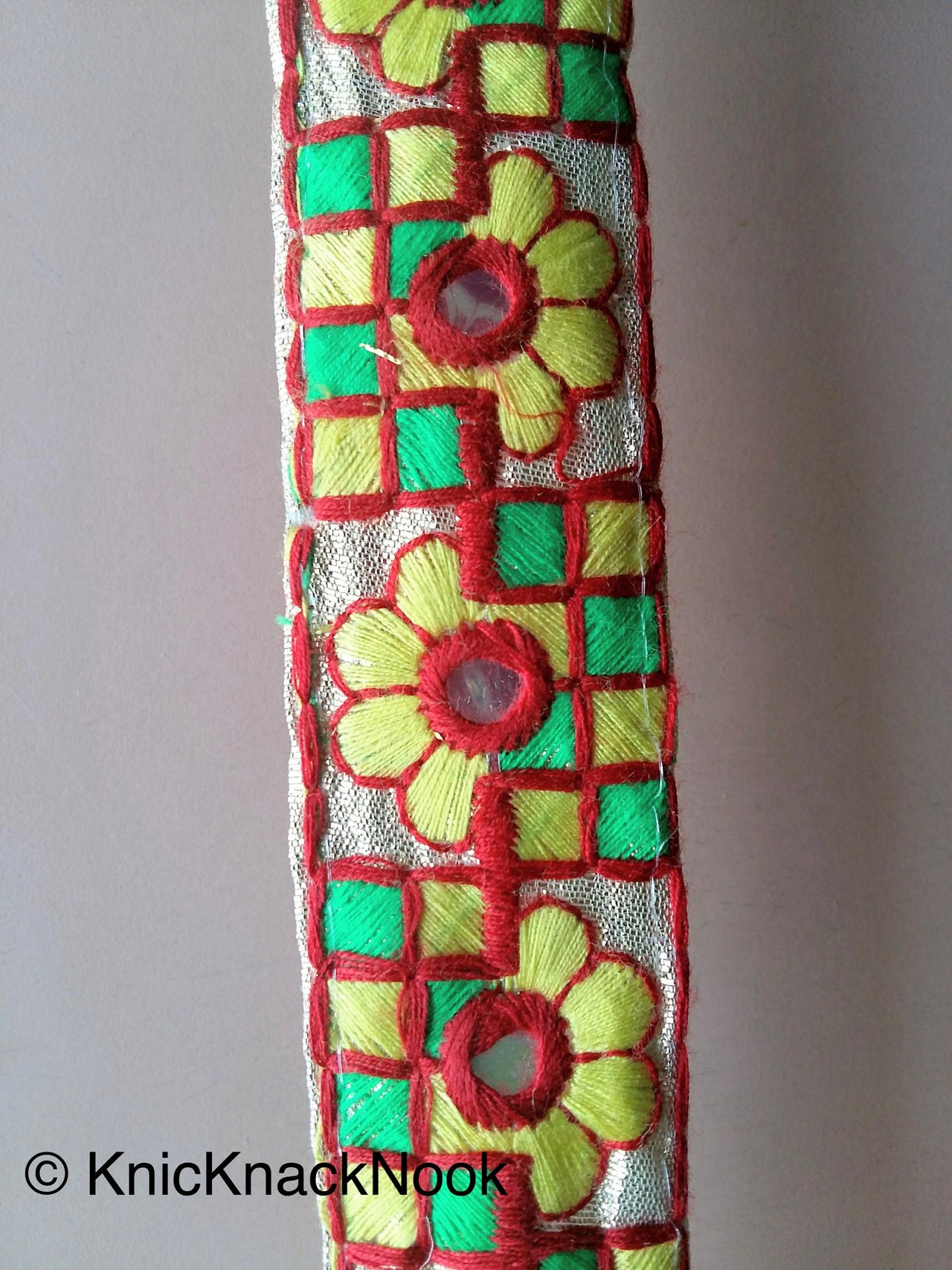 Wholesale Gold Mirrored Fabric Trim With Yellow, Green And Red Floral And Square Embroidery, Approx. 32mm Wide