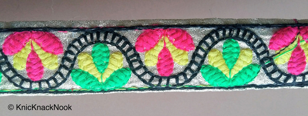 Gold Shimmer Fabric Trim With Yellow, Green, Pink And Black Floral Embroidery