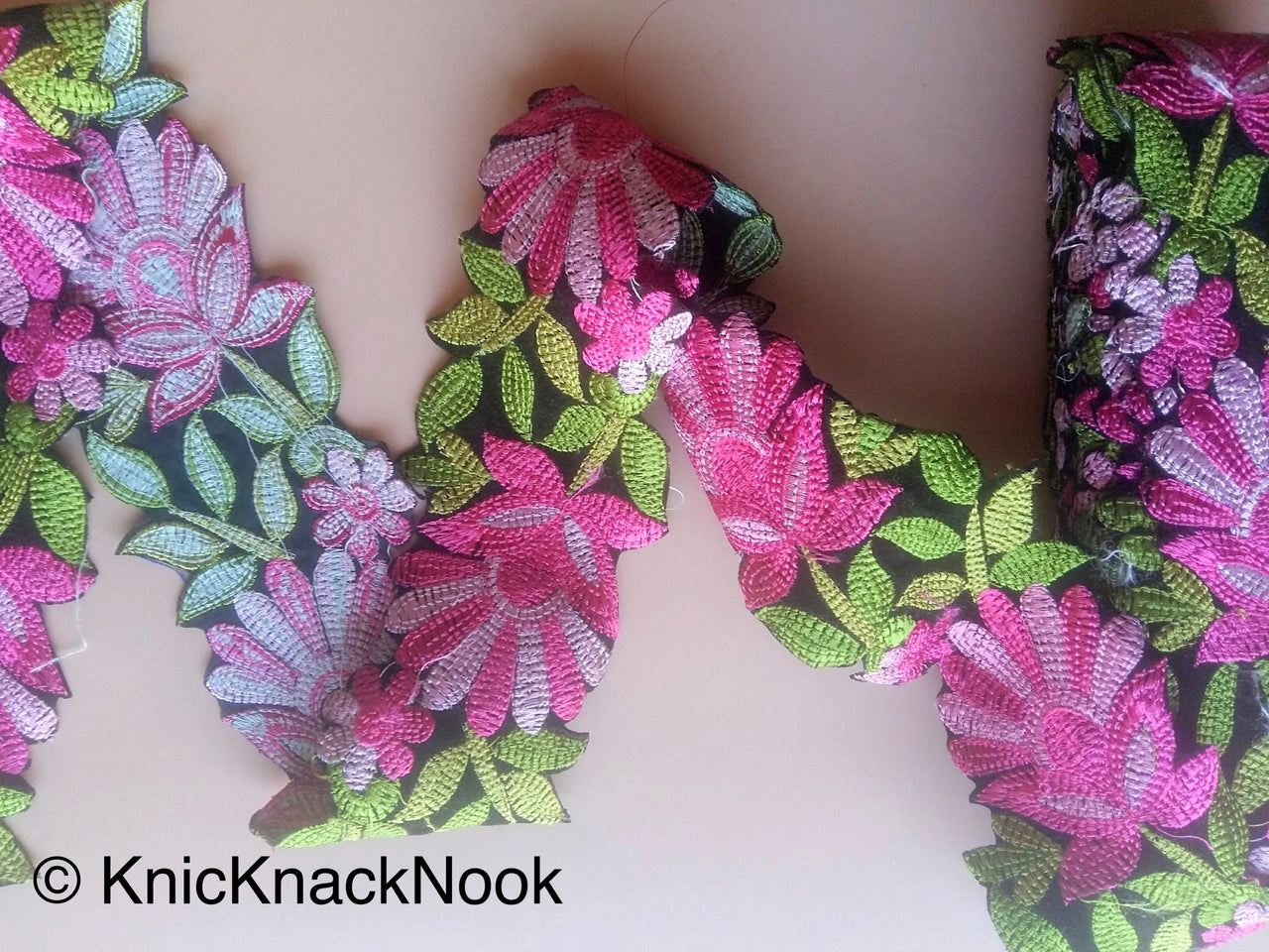 Wholesale Black Velvet Fabric Trim With Pink And Green Floral Embroidery, 76mm wide, Trim By 9 Yards