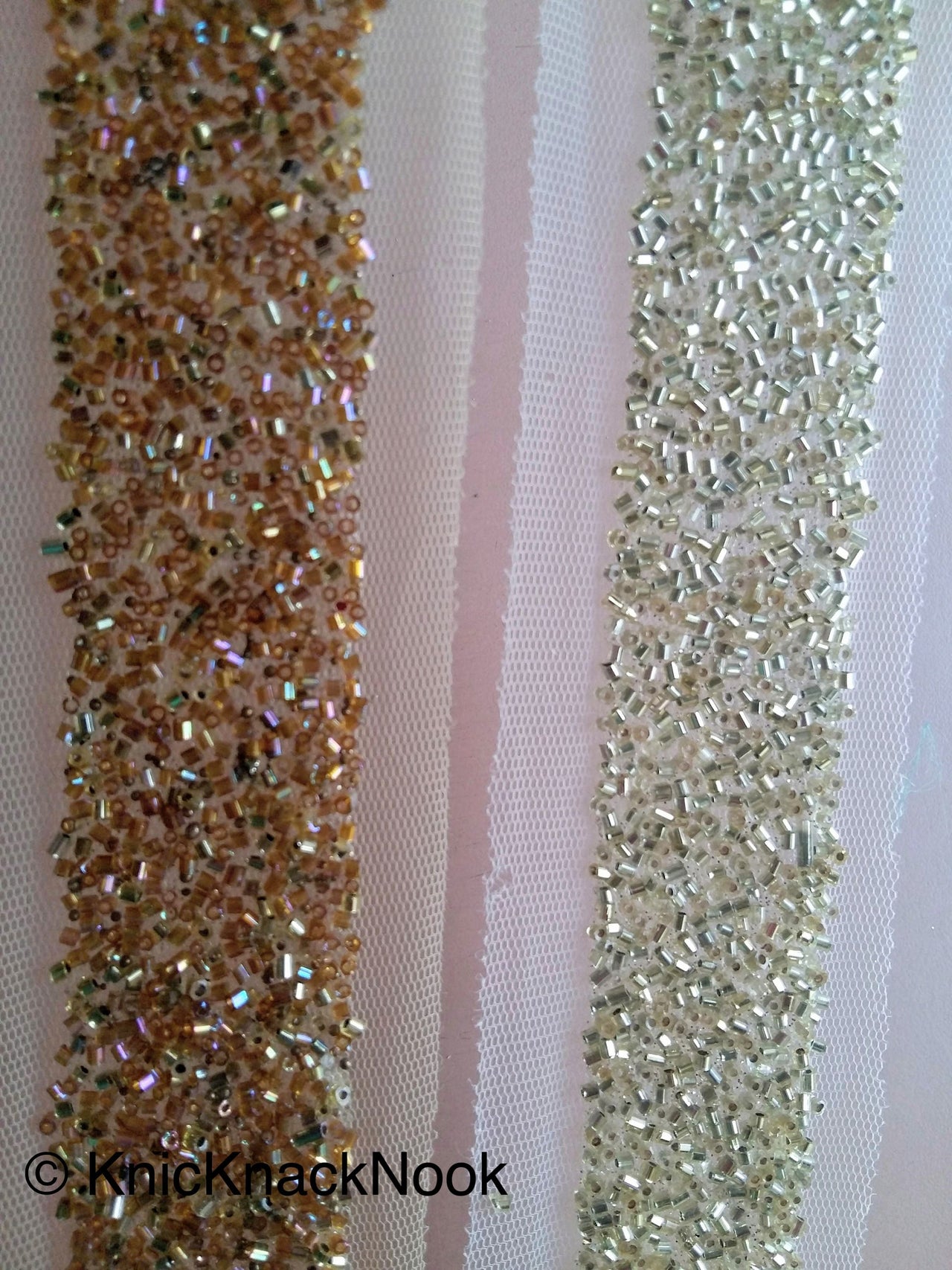 Wholesale Beige Net Trim With Gold / Copper Beads Embellishments - 200317L199/ 200