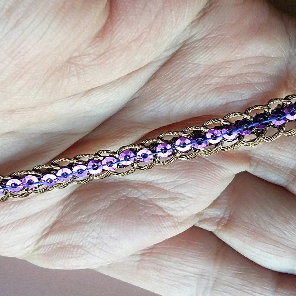 Bronze Braided Sequins Trim With Purple / Blue / Pink Sequins, Approx. 6 mm wide, Trim by 3 yards