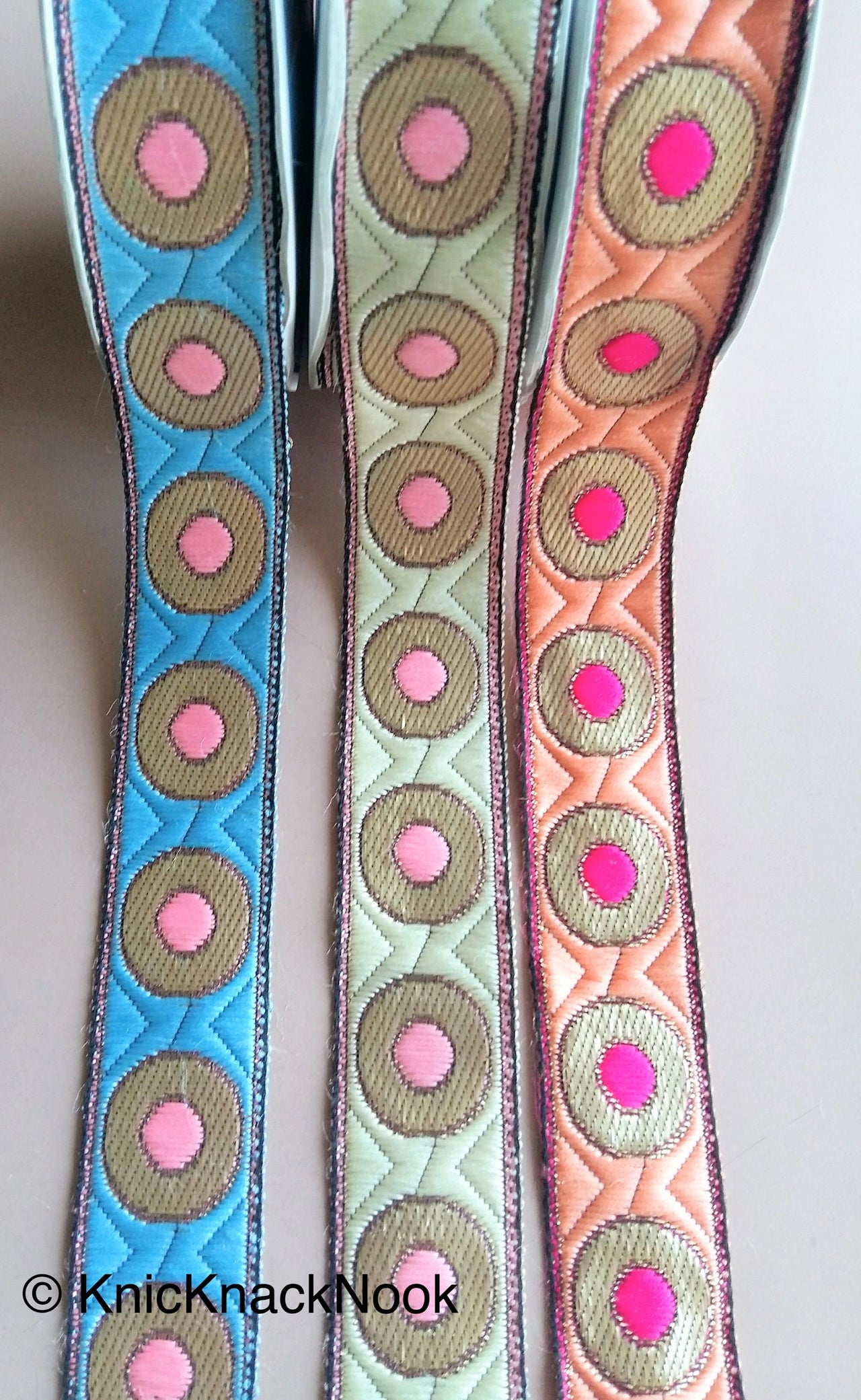 Orange / Blue / Beige Embroidered Trim with Gold and Pink Circle Pattern, Approx. 30mm Wide - 200317L409/10/11