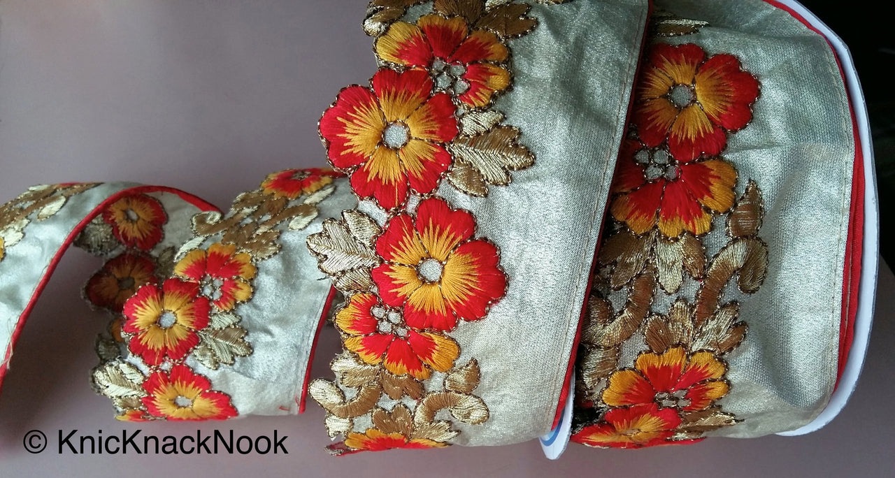 Gold, Yellow And Red Indian Embroidery One Yard Flower Silk Trim