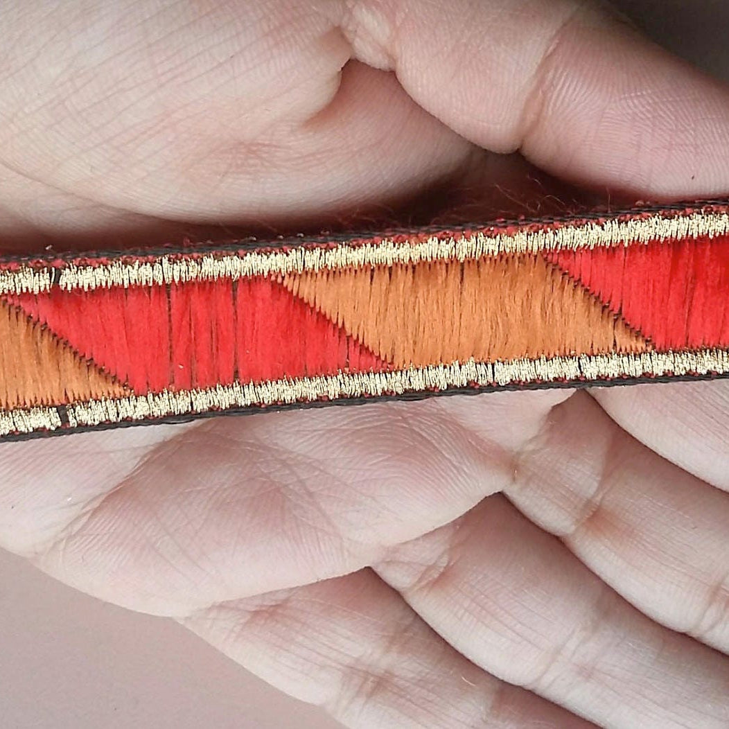 Jacquard Red, Brown And Bronze Thread Woven Lace Trim, 20mm wide