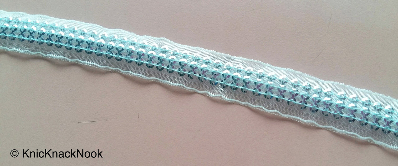 Blue / Brown / Pink Sheer Fabric Lace Trim With Sequins, Approx. 15 mm wide - 200317L338/39/40