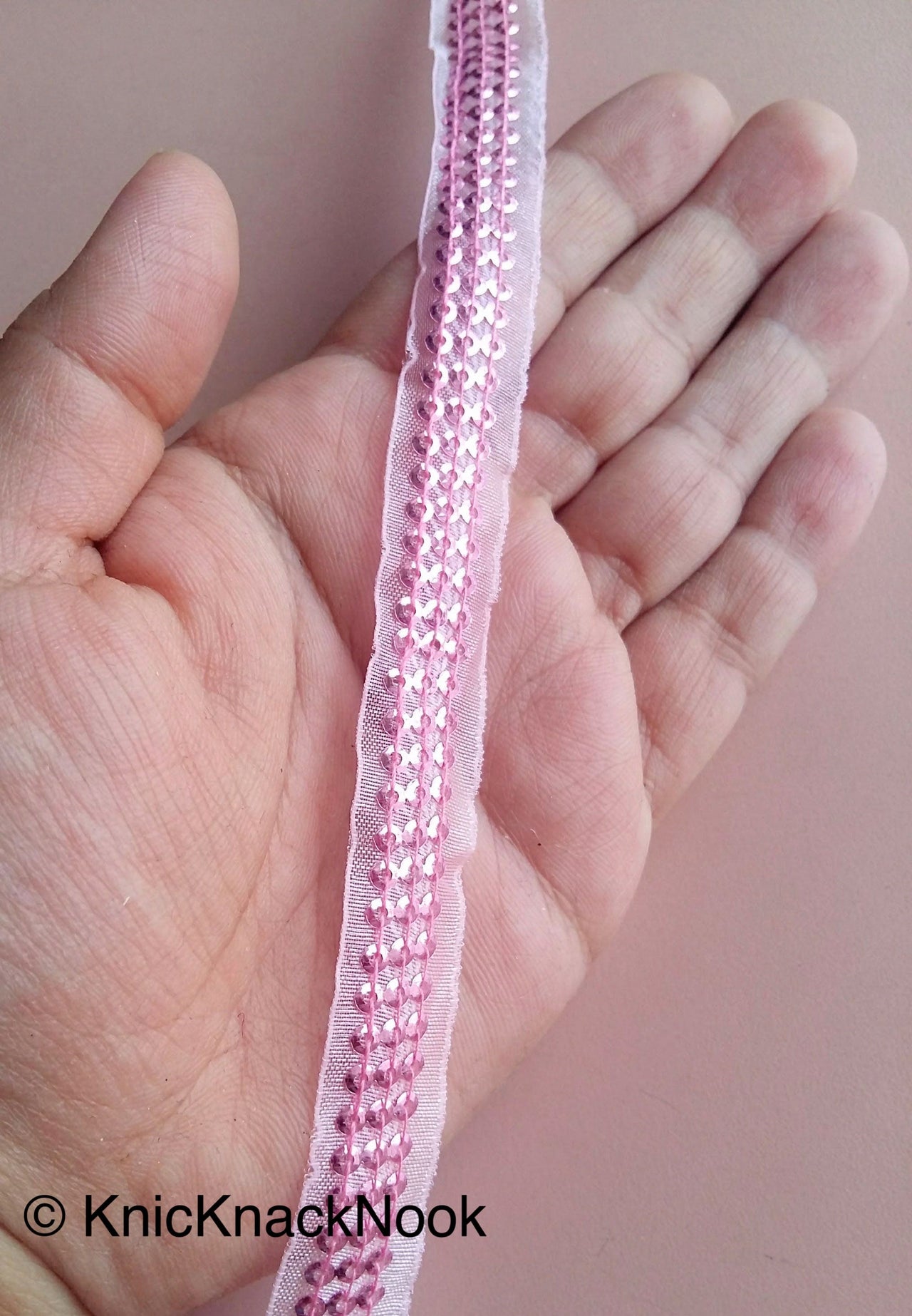 Blue / Brown / Pink Sheer Fabric Lace Trim With Sequins, Approx. 15 mm wide - 200317L338/39/40