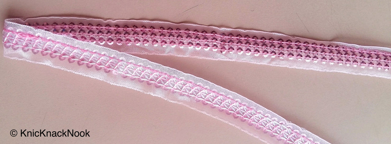 Blue / Brown / Pink Sheer Fabric Lace Trim With Sequins, Approx. 15 mm wide - 200317L338/39/40