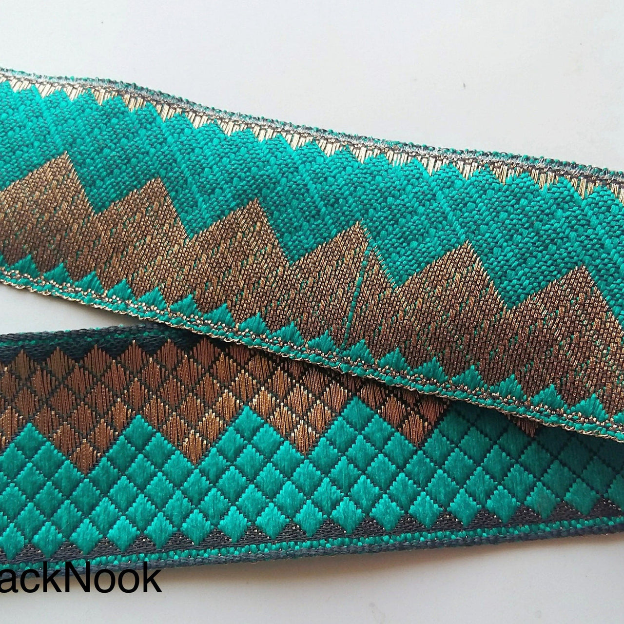 Green And Gold Embroidered Trim, Geometric Pattern, Approx. 32mm wide - 200317L358/59