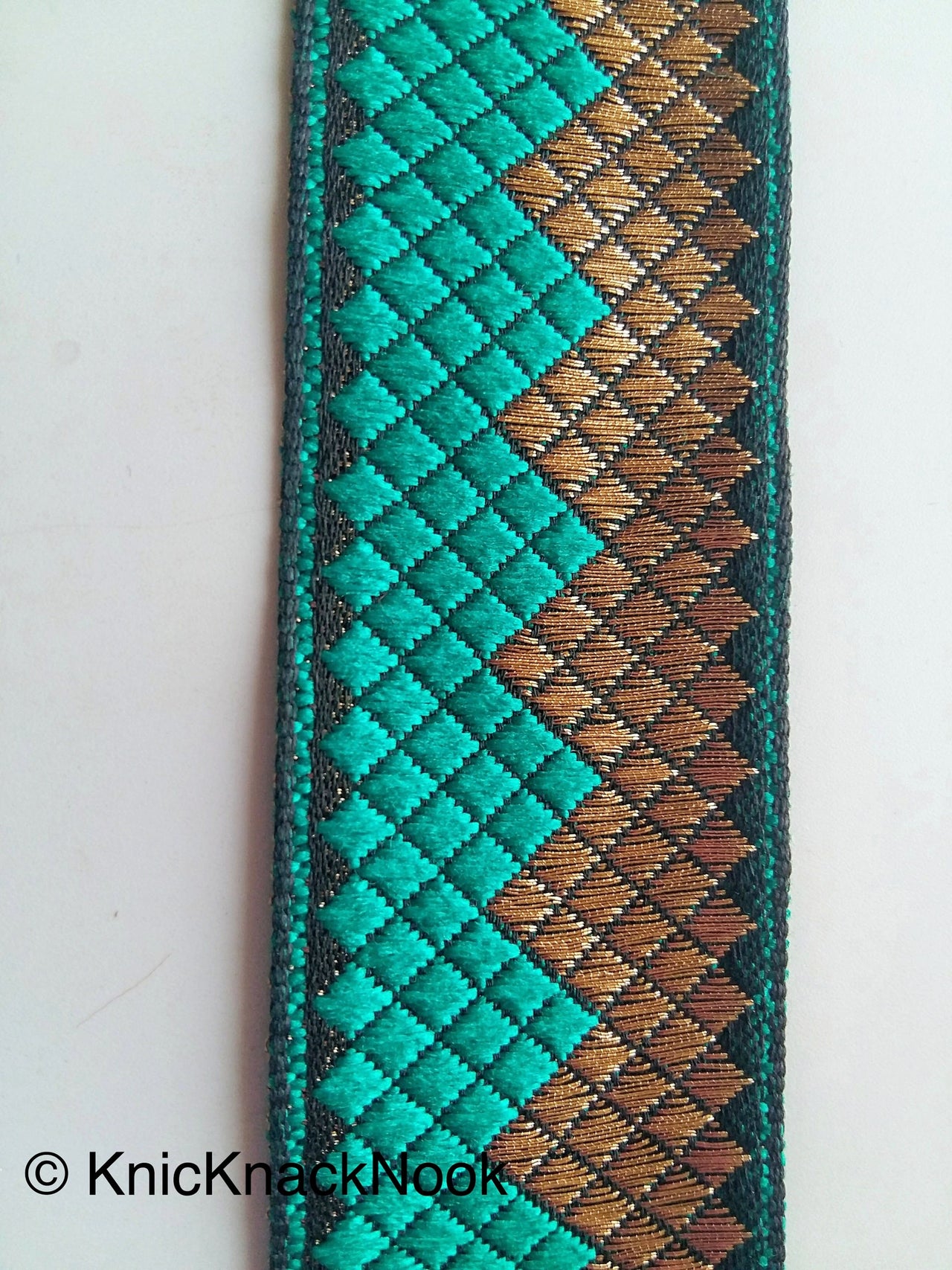 Green And Gold Embroidered Trim, Geometric Pattern, Approx. 32mm wide - 200317L358/59