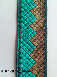 Thumbnail for Green And Gold Embroidered Trim, Geometric Pattern, Approx. 32mm wide - 200317L358/59