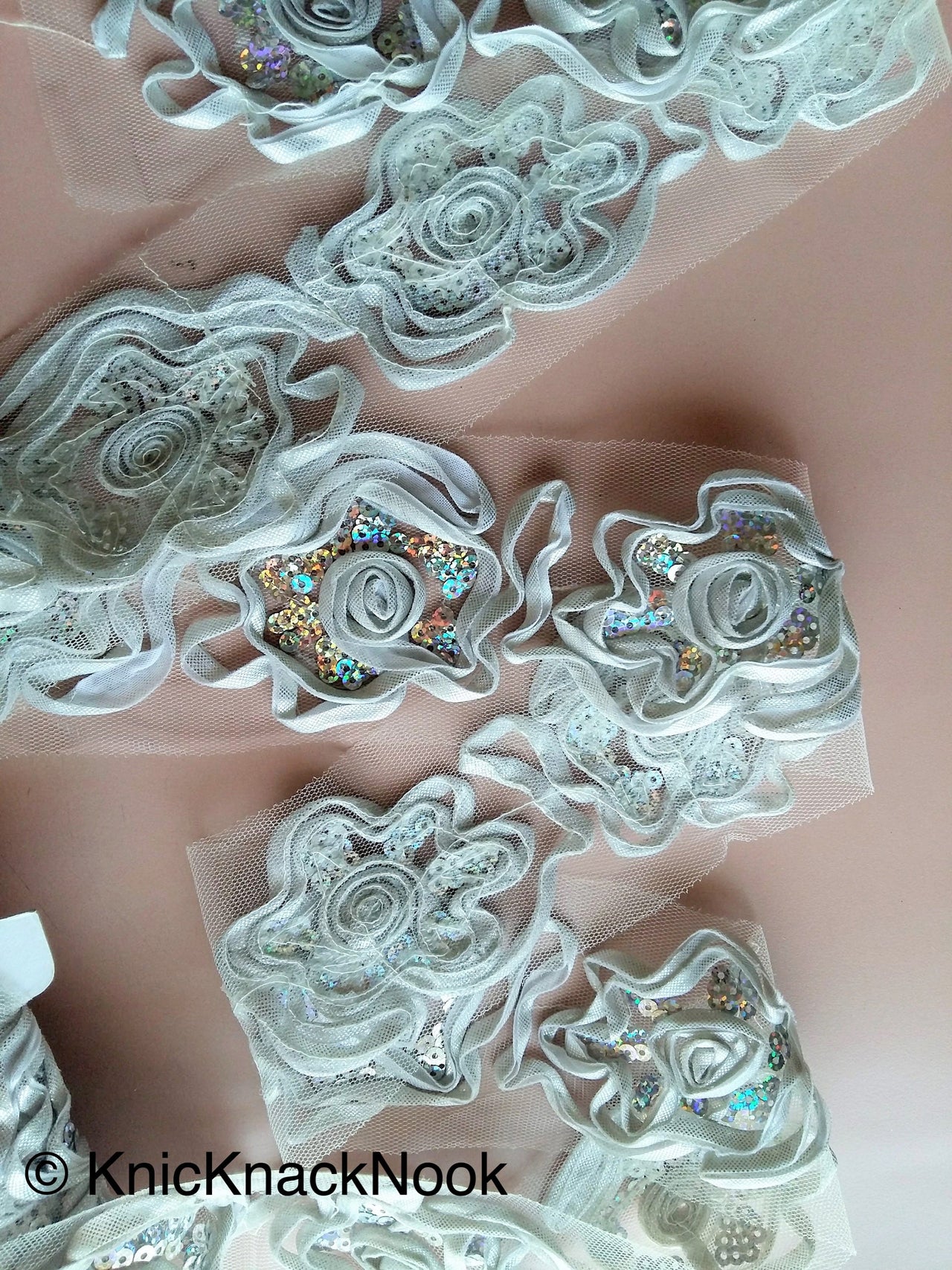 Wholesale Silver Rose Lace Trim With Silver Sequins, Approx. 65mm Wide Crating Decorative Costume Design Trim by 8 Yards