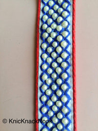 Thumbnail for Red / Pink And White Fabric Trim With Blue / Black/ Yellow Embroidery With Off White Pearls, Approx. 40mm Wide - 200317L166 / 67 / 68