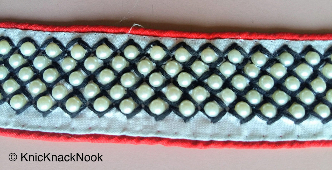 Red / Pink And White Fabric Trim With Blue / Black/ Yellow Embroidery With Off White Pearls, Approx. 40mm Wide - 200317L166 / 67 / 68