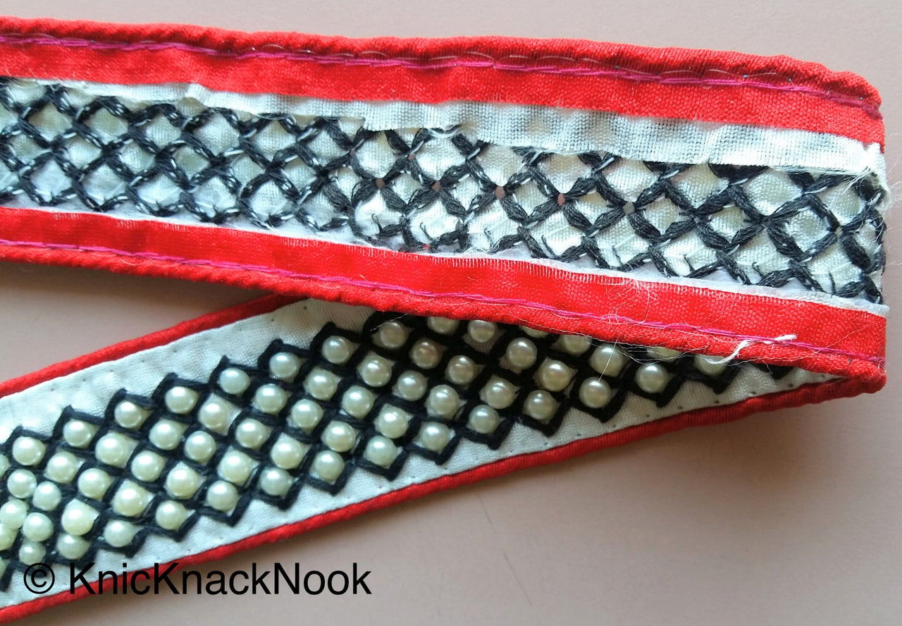 Red / Pink And White Fabric Trim With Blue / Black/ Yellow Embroidery With Off White Pearls, Approx. 40mm Wide - 200317L166 / 67 / 68