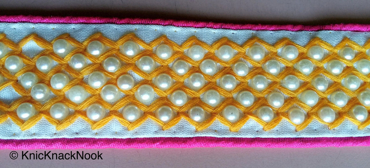 Red / Pink And White Fabric Trim With Blue / Black/ Yellow Embroidery With Off White Pearls, Approx. 40mm Wide - 200317L166 / 67 / 68