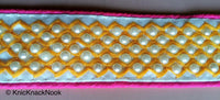 Thumbnail for Red / Pink And White Fabric Trim With Blue / Black/ Yellow Embroidery With Off White Pearls, Approx. 40mm Wide - 200317L166 / 67 / 68