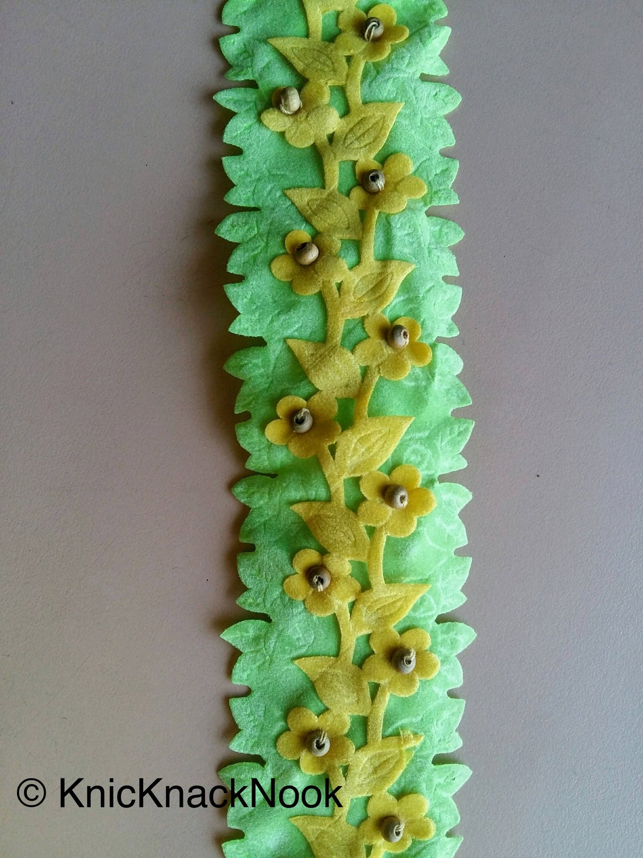 Wholesale Green And Yellow Floral Fabric Trim Ribbon With Wood Beads, Approx. 45mm Wide Decorative Craft Trimming Trim By 9 Yards